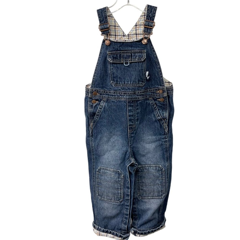 3/$20-Gymboree Denim Bib Overalls Unisex Toddler Size 3T Patches Reinforced Kn…